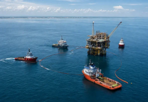Embarcaciones realizan labores de contención frente a instalaciones petroleras de Pemex en Campeche