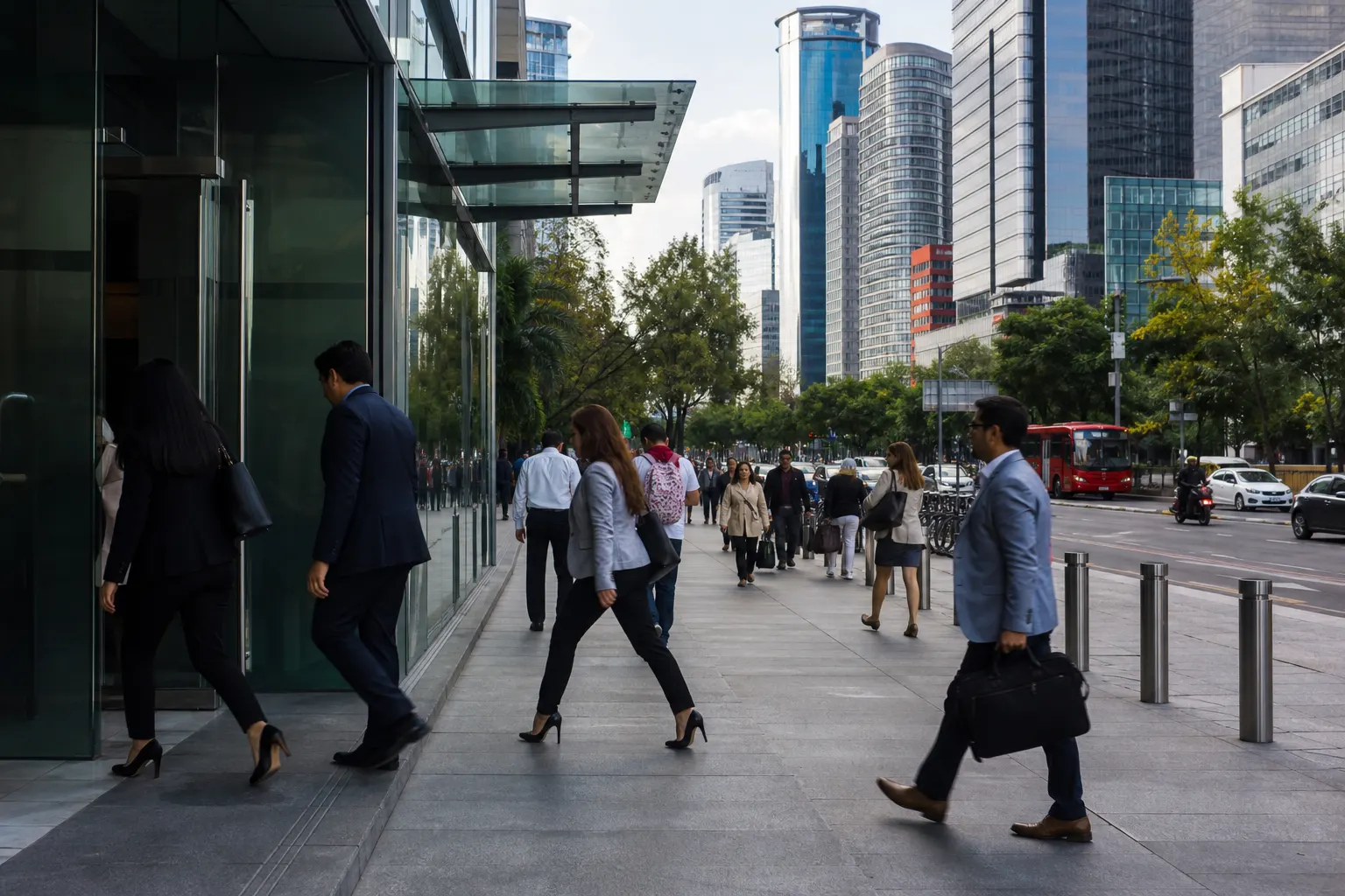 Personas se dirigen a oficinas y comercios en Ciudad de México durante una jornada laboral