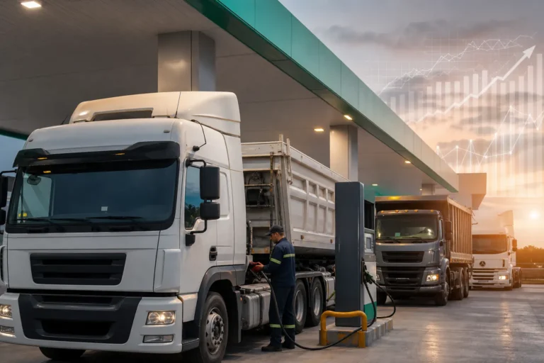 Camiones de carga abasteciéndose de diésel en México durante la aplicación de un estímulo fiscal al combustible