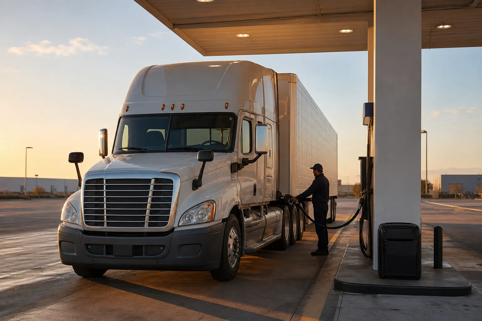 Camión de carga abasteciéndose de diésel en una gasolinera de México