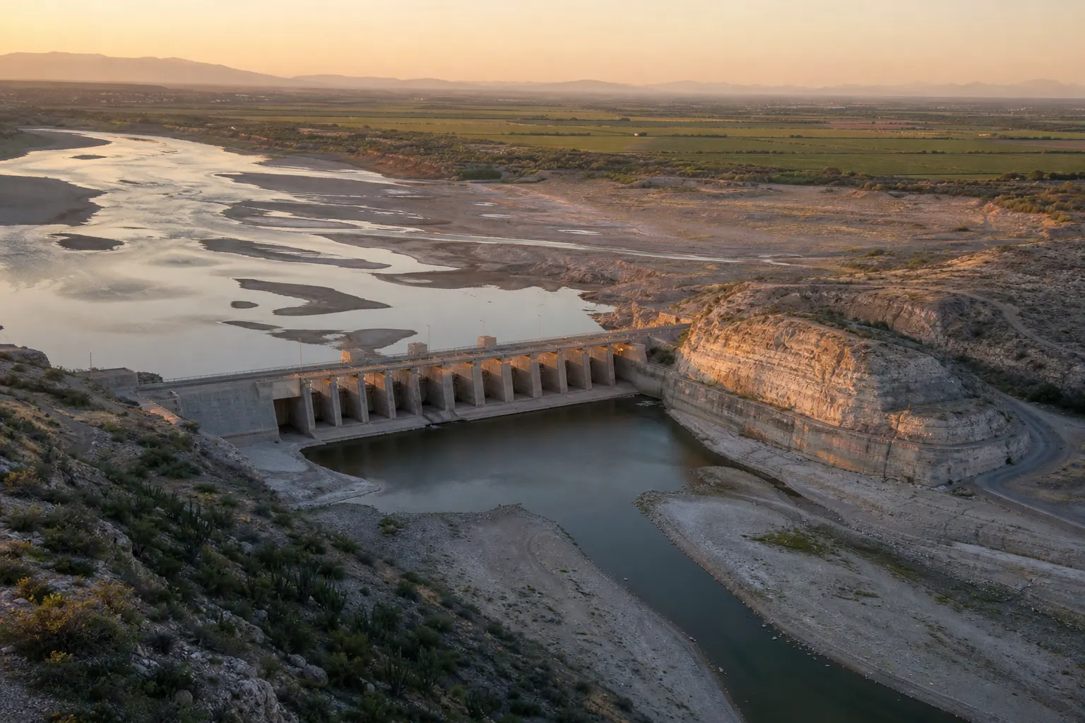Presa La Amistad y campos agrícolas de la cuenca del Río Bravo durante una sequía extrema