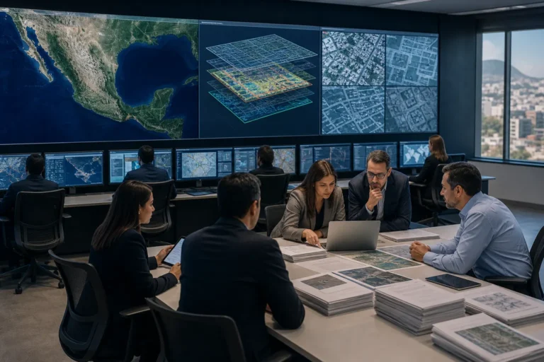 Pantalla con mapas catastrales y registros inmobiliarios digitalizados de México