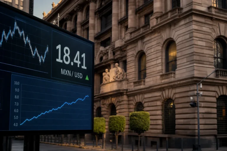 Banco de México y pantalla con el peso mexicano en 18.41 por dólar